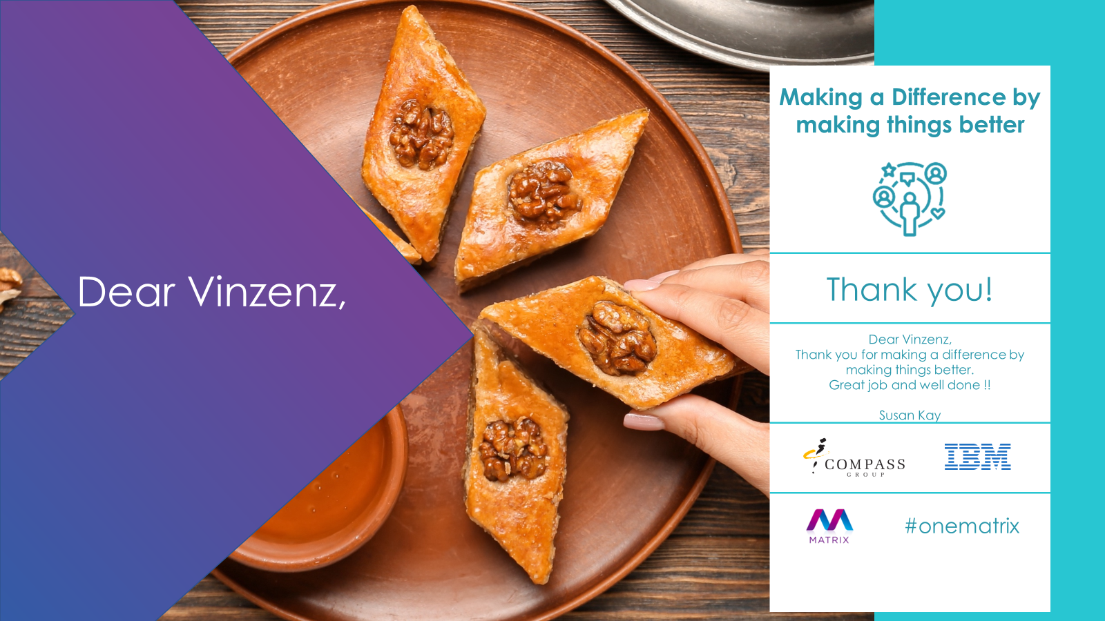 Ein Schaubild einer Urkunde, bei der dem Mitarbeiter Vinzenz gratuliert wird zum Gewinn des #onematrix awards.